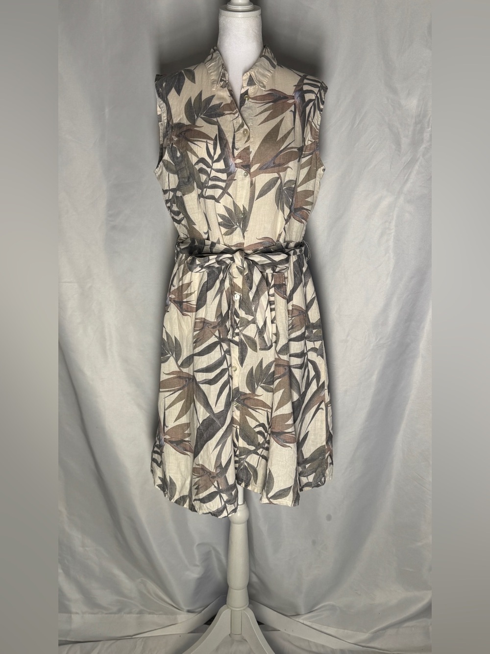 Laura Bianchi Italy 100% Linen Tropical Leaf Shirt Dress Belted Size M